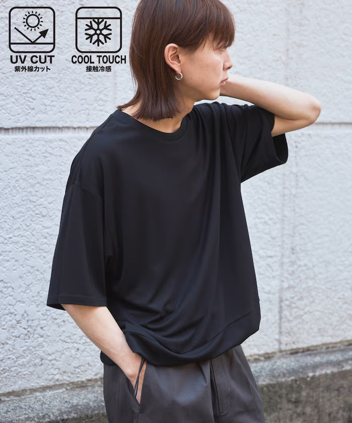 Functional Material Poncho Adjuster T-Shirt / Short Sleeve T-Shirt with Drawcord / Contact Cooling / UV Cut / Quick Dry - Black