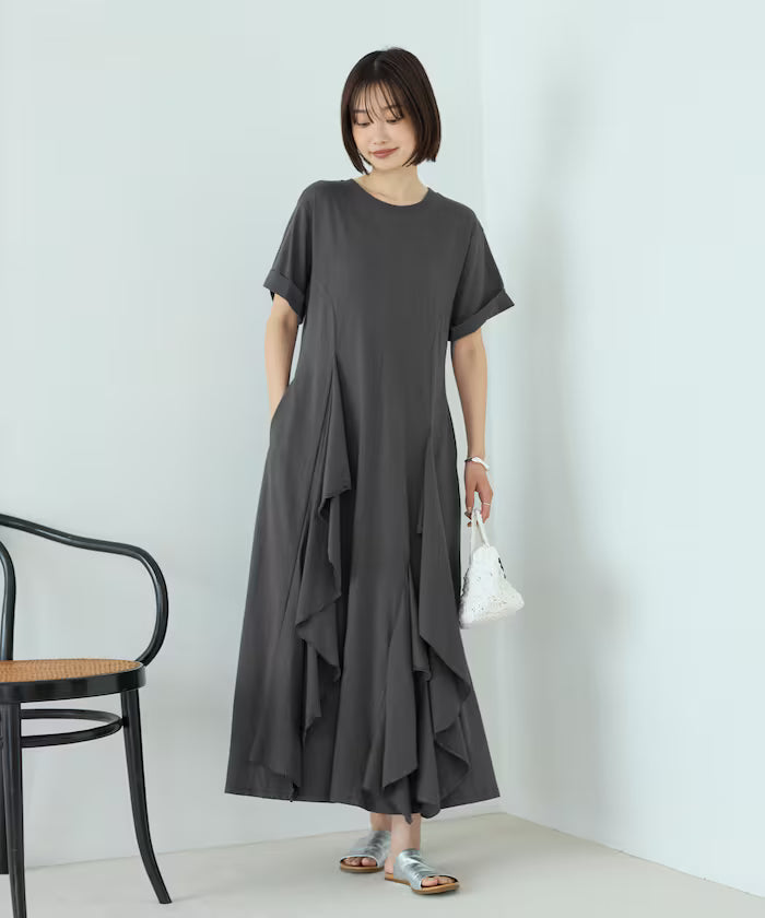 Organic Cotton Draped Flare Dress - Charcoal Gray