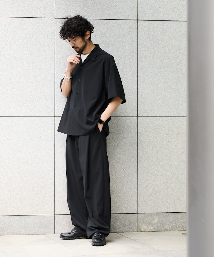 Relaxed Fit Linen Touch Setup/Open Collar Shirt/Wide Slacks [Limited Edition] - Black