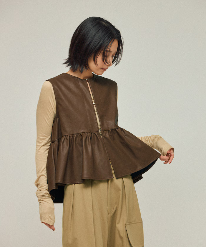 Leather Peplum Gathered Vest - Brown