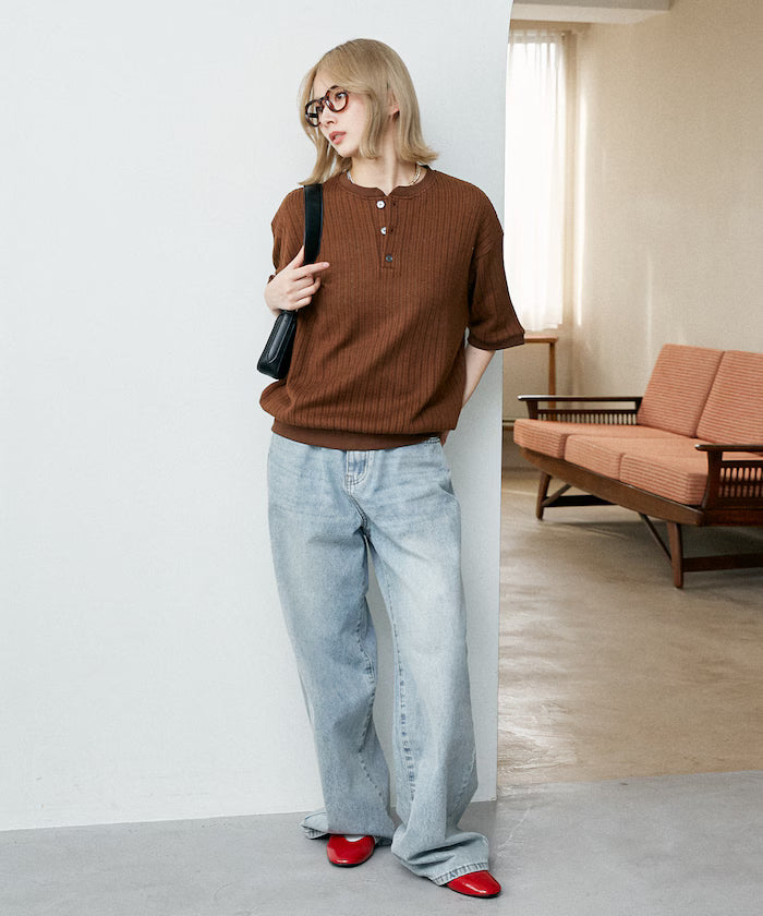 LOVE POP STUDIO Pattern Mesh Henley Neck T-Shirt Limited Release
