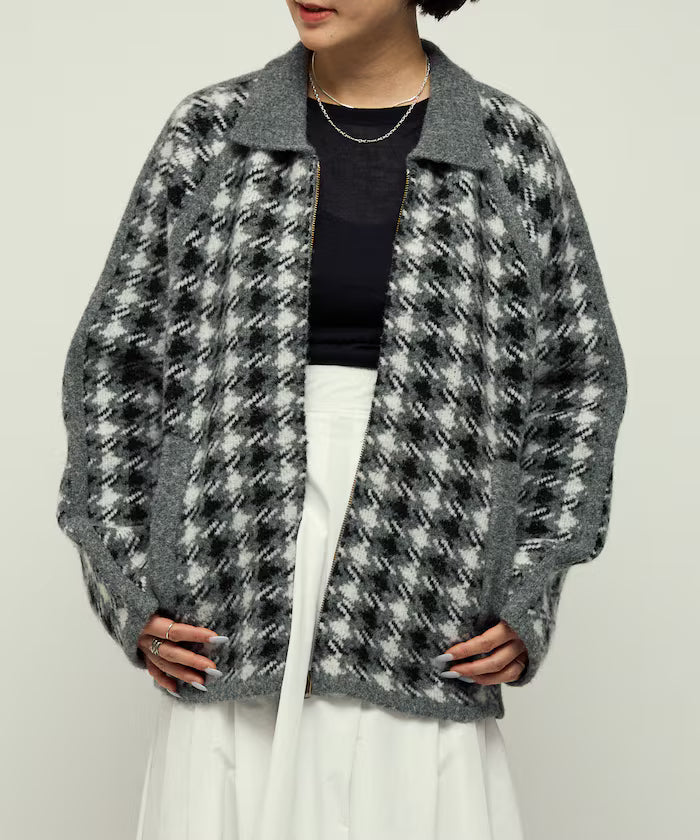 Wool Blend Gancube Check Knit Zip Blouson