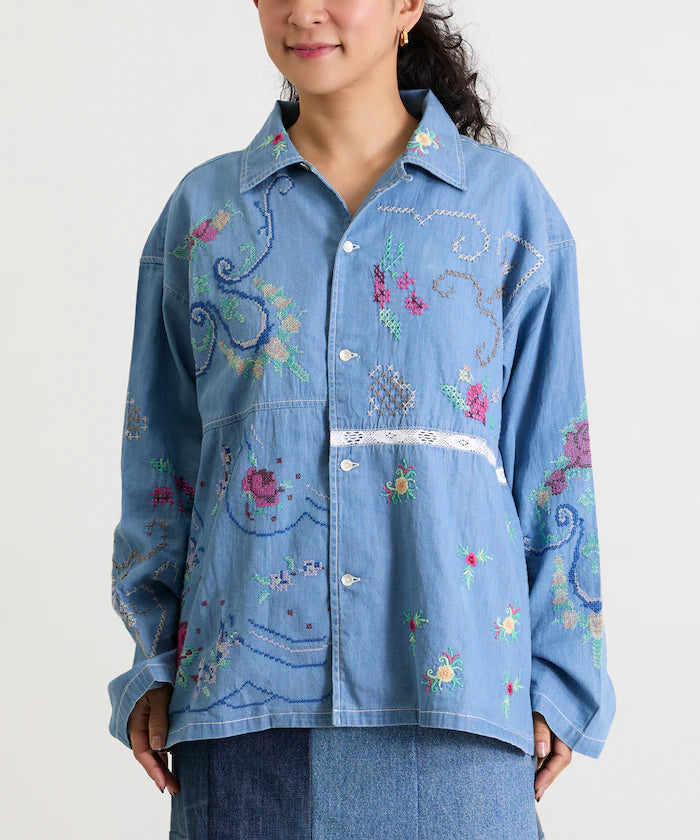 Open Collar Embroidered Shirt Jacket