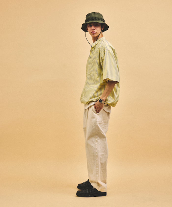 Typewriter Spindle Band Collar Stripe Short Sleeve Shirt