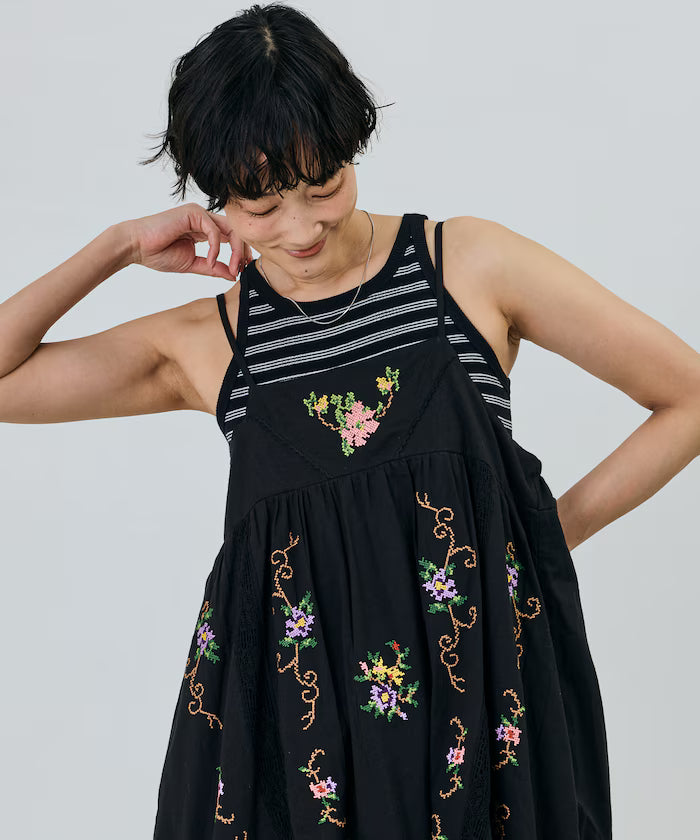 India Flower Cross Stitch Lace Camisole Dress - Black