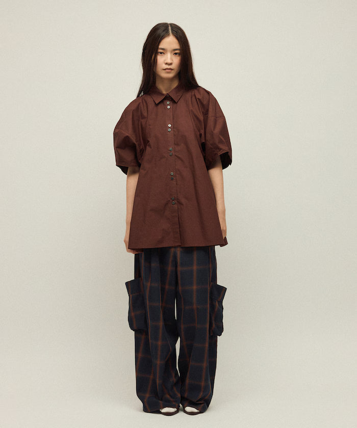 Switching Design Balloon Sleeve Shirt / 5-Minute Sleeve Blouse