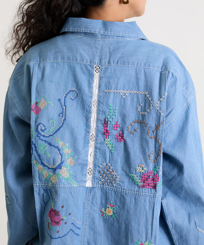 Open Collar Embroidered Shirt Jacket
