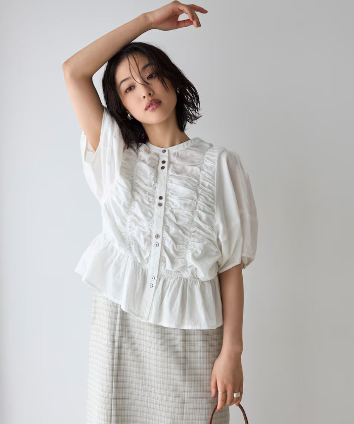 Sheer Shirring Volume Sleeve Blouse / 5 Short Sleeves