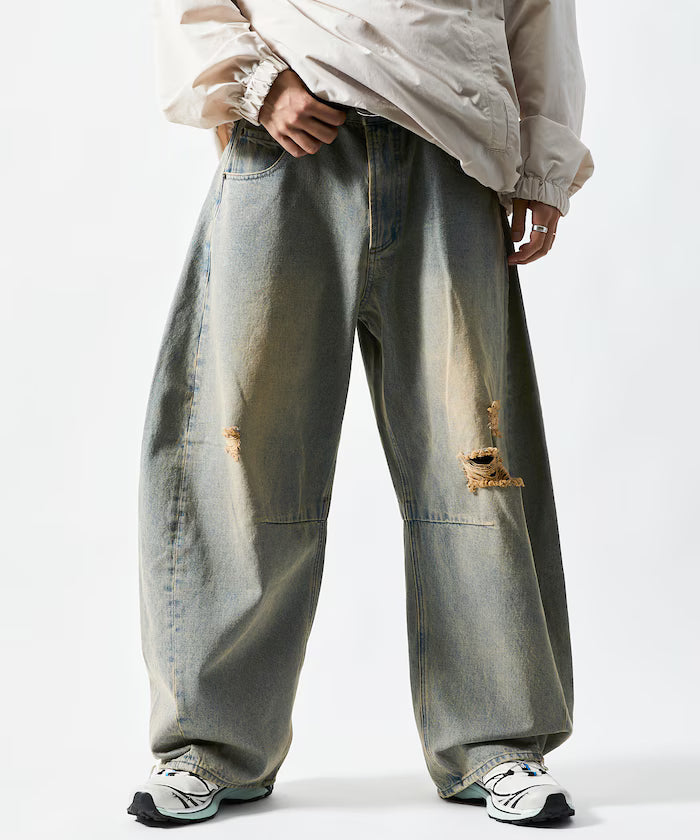Wide Silhouette Curve Damaged Denim Pants - Sax Blue
