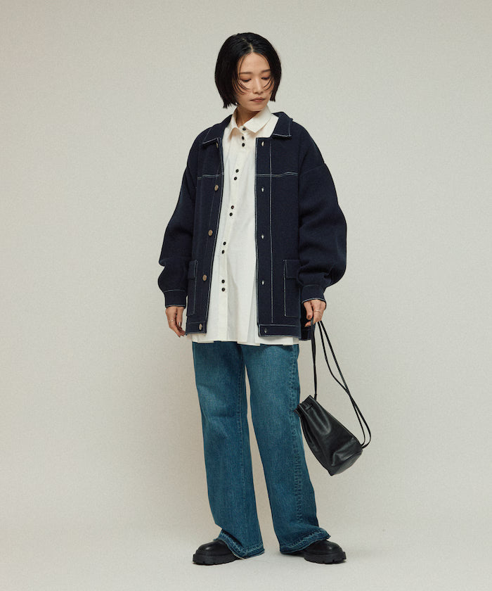 Oversized Wool Blend Knit Coverall / Color Stitch Knit Jacket