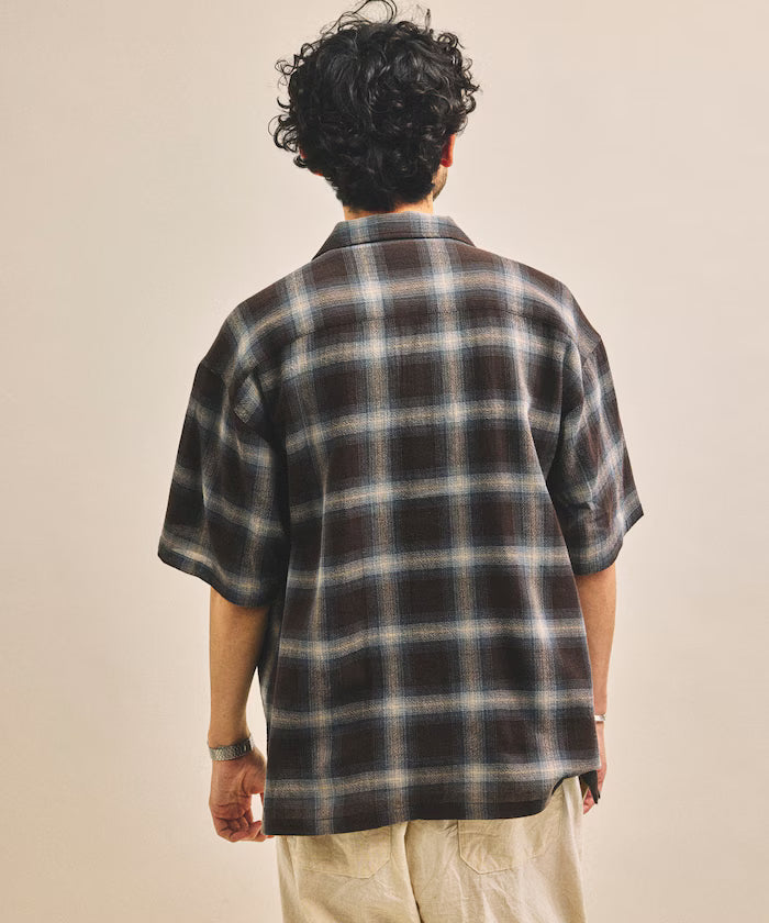 Dyed Ombre Check Open Collar Short Sleeve Sheer Shirt Relaxed Fit