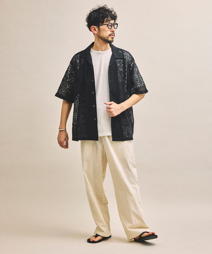 India-made Patchwork Lace Sheer Relaxed Fit Open Collar Shirt Short Sleeve
