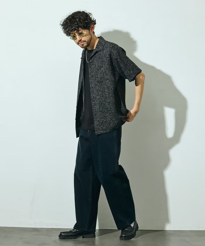 Summer Tweed Short Sleeve Open Collar Shirt / Suitable for Setup