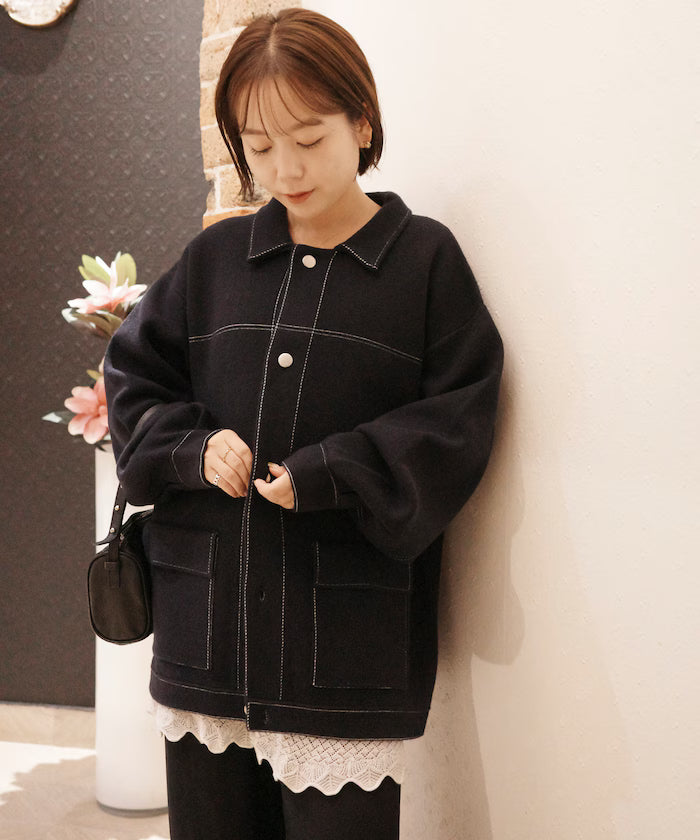 Oversized Wool Blend Knit Coverall / Color Stitch Knit Jacket