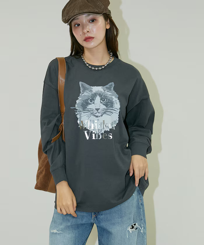 Handwritten-style Cat Print Foil Logo Long Sleeve T Limited Edition