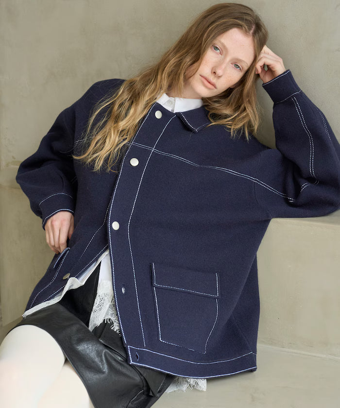 Oversized Wool Blend Knit Coverall / Color Stitch Knit Jacket