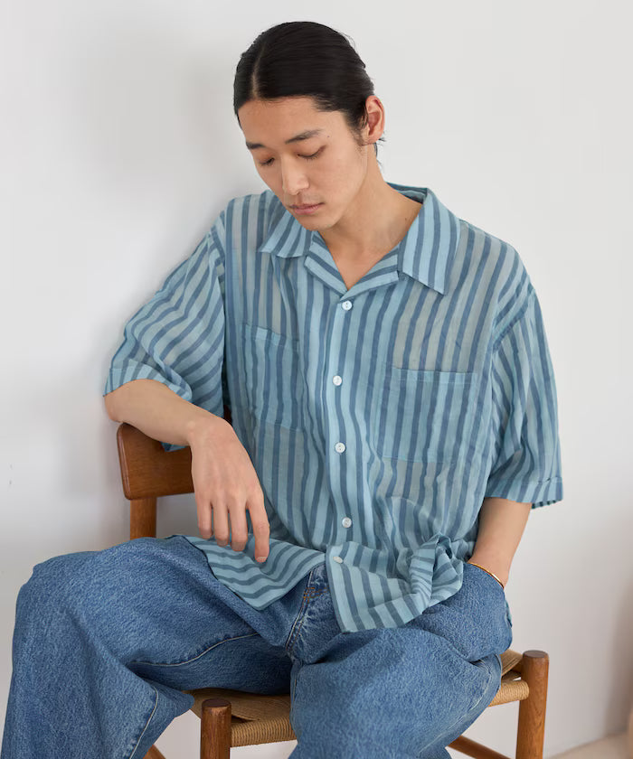 Indian-made Relaxed Fit Wide Stripe Sheer Sucker Open Collar Short Sleeve Shirt