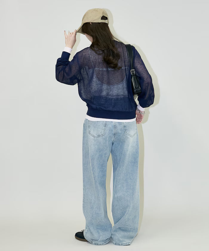 Washable Linen Color Block Sheer Knit Cardigan Limited Edition