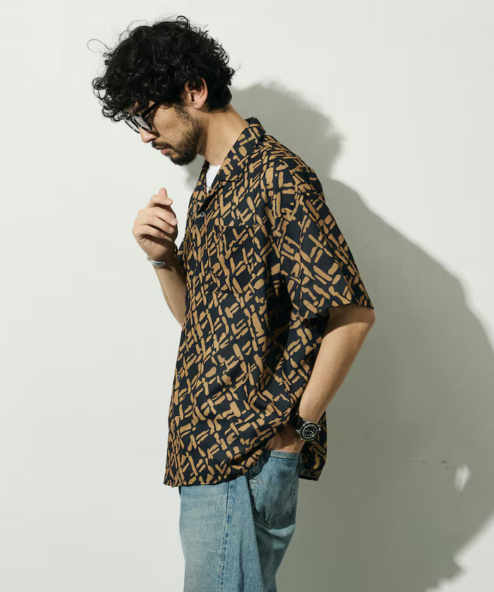 Mesh Open Collar Pattern Short Sleeve Shirt / Allover Design Open Collar Shirt / Big Silhouette