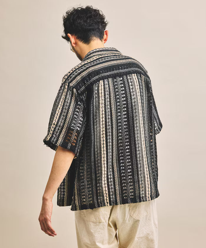 New color added: Indian-made relaxed fit all-over lace multi-stripe open collar short sleeve shirt