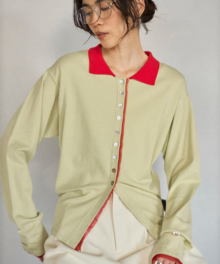 Color Design Fake Layered Long Sleeve Polo Knit Cardigan