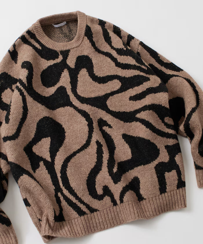 All-over Pattern Double Jacquard Knit Crew Neck Pullover / Relaxed Fit