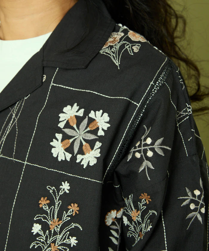 Patchwork Floral Embroidery Long Sleeve Shirt