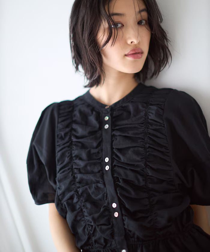 Sheer Shirring Volume Sleeve Blouse / 5 Short Sleeves
