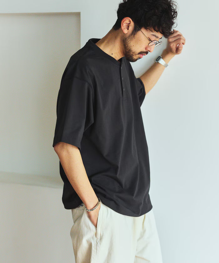 AIRDRY HIGH TECH YARN High-Performance Material 7.7 Ounces Big Silhouette Henley Neck T-Shirt / Water Absorbent Quick Dry / Heat Shield / UV Cut
