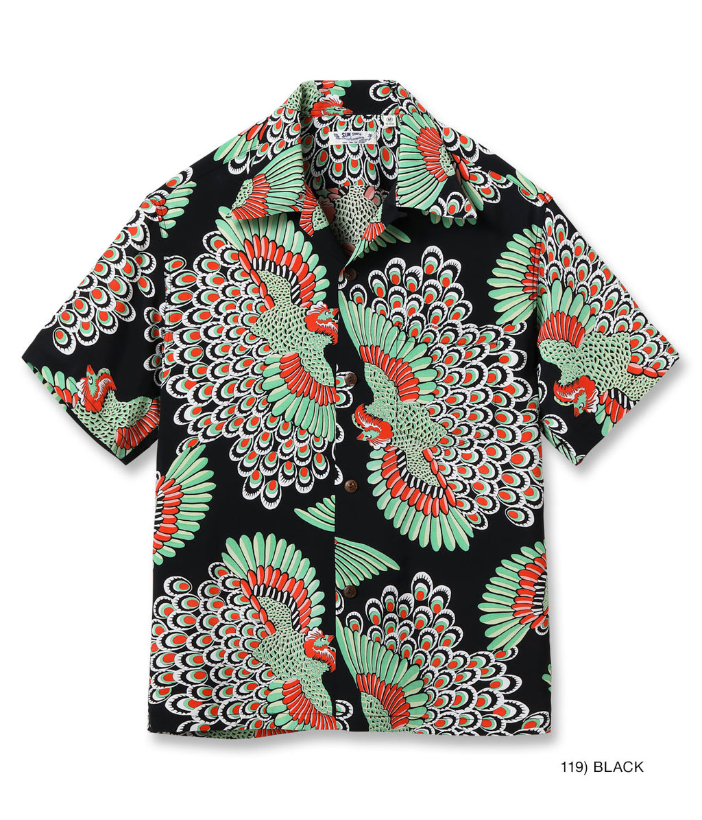 RAYON HAWAIIAN SHIRT “PEACOCK” - BLACK