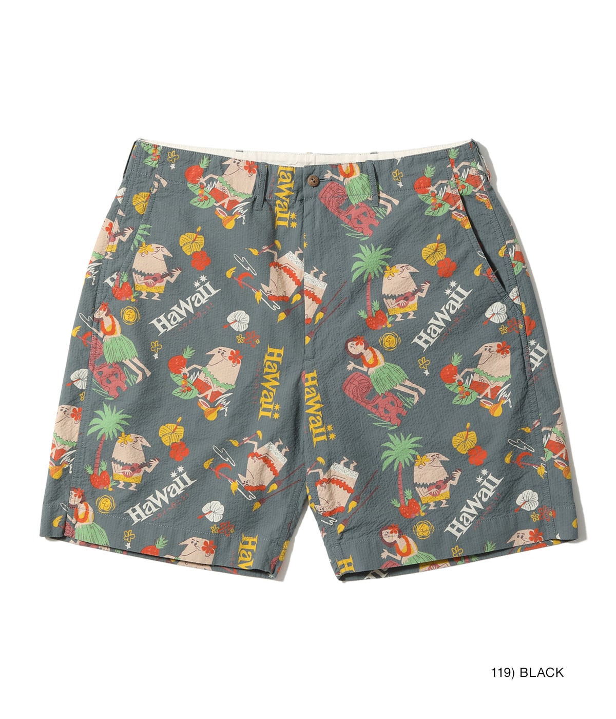 Cotton Seersucker Shorts "Trip To Hawaii" by Ryohei Yanagihara with Mookie - BLACK