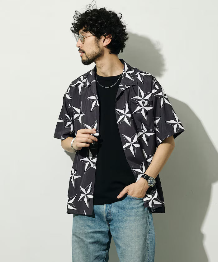Open collar pattern short sleeve shirt / all-over design open collar shirt / compatible with set-up