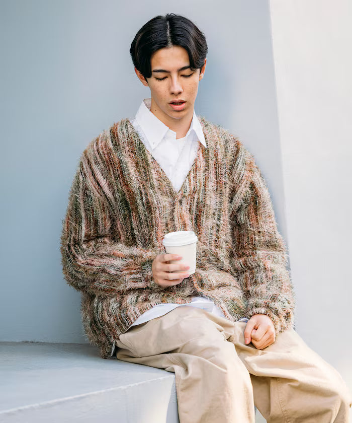 Relaxed Fit Shaggy Knit Multi-Stripe Cardigan - Other/Pattern 1