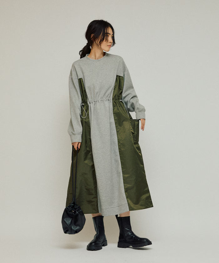 Mixed Material Docking Gathered Dunbar Sweat One-Piece / Spindle