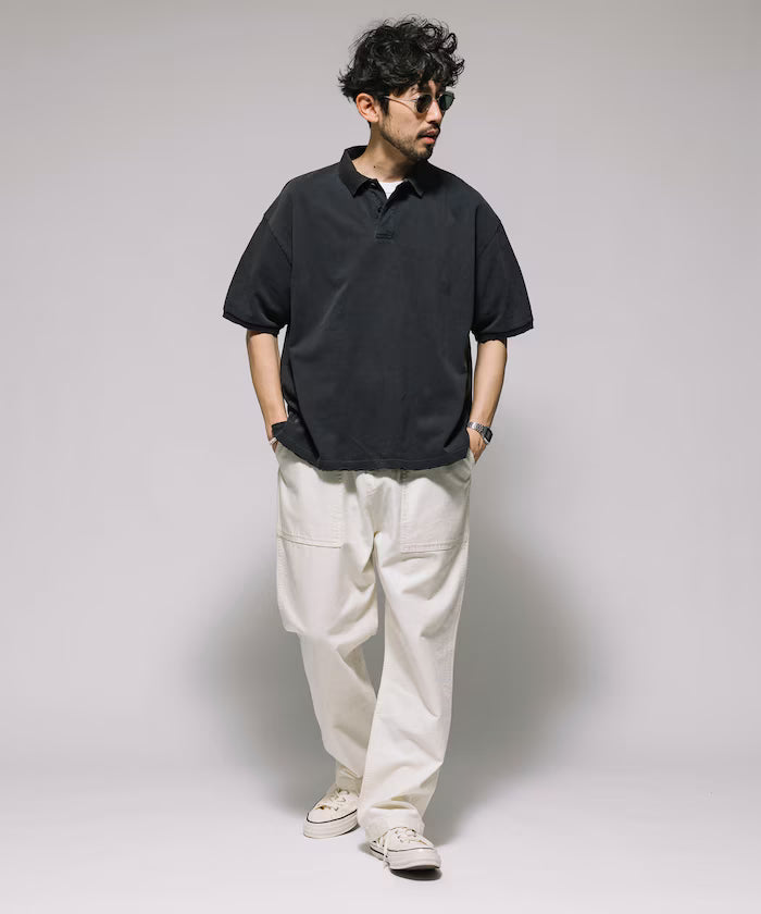 Distressed Oversized Polo Shirt / One Point Embroidery / Pigment Processing