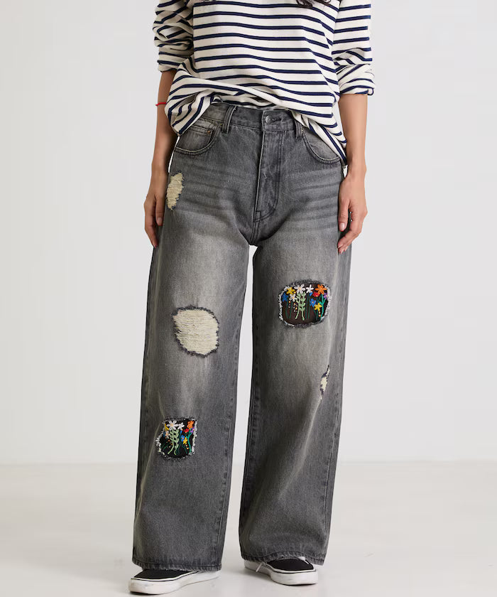 Flower Embroidery Wide Denim