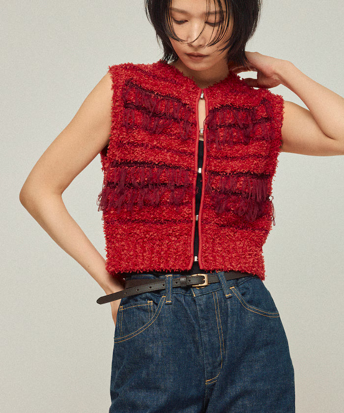 Mixed Material Fringe Knit Vest / Striped Knit Vest 25AW - Red