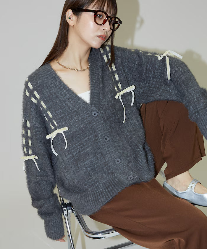 Velour Ribbon Braided Feather Knit Cardigan Limited Edition