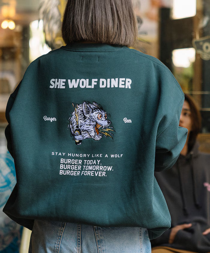 SHE WOLF DINER×FREAK'S STORE/She Wolf Diner Exclusive Big Silhouette Back Embroidered Crewneck Sweatshirt/WOLF [Limited Edition] - Green