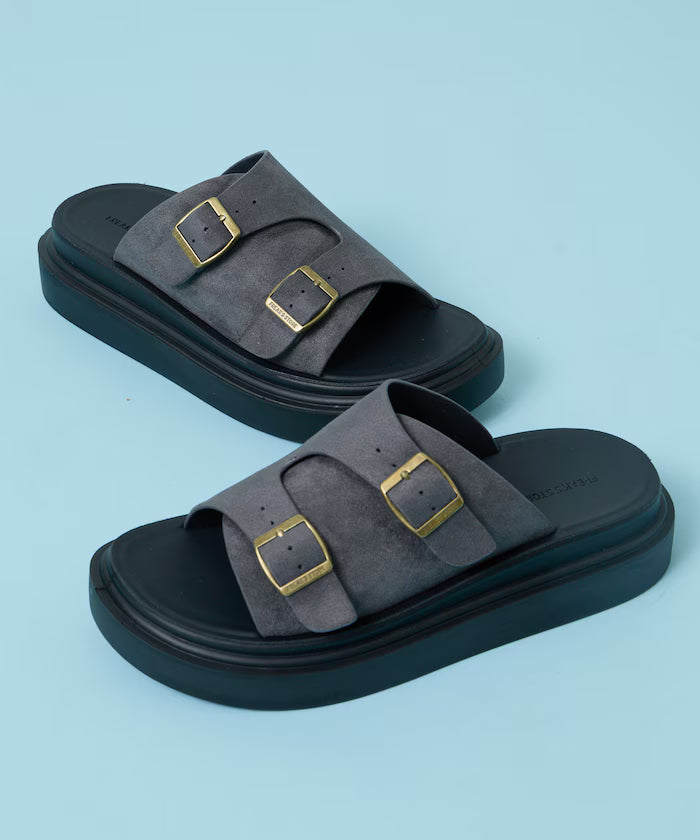 Double Monk Strap Leather Slide Sandals / Platform Sole [23~28cm] 【Limited Edition】 - Charcoal Gray