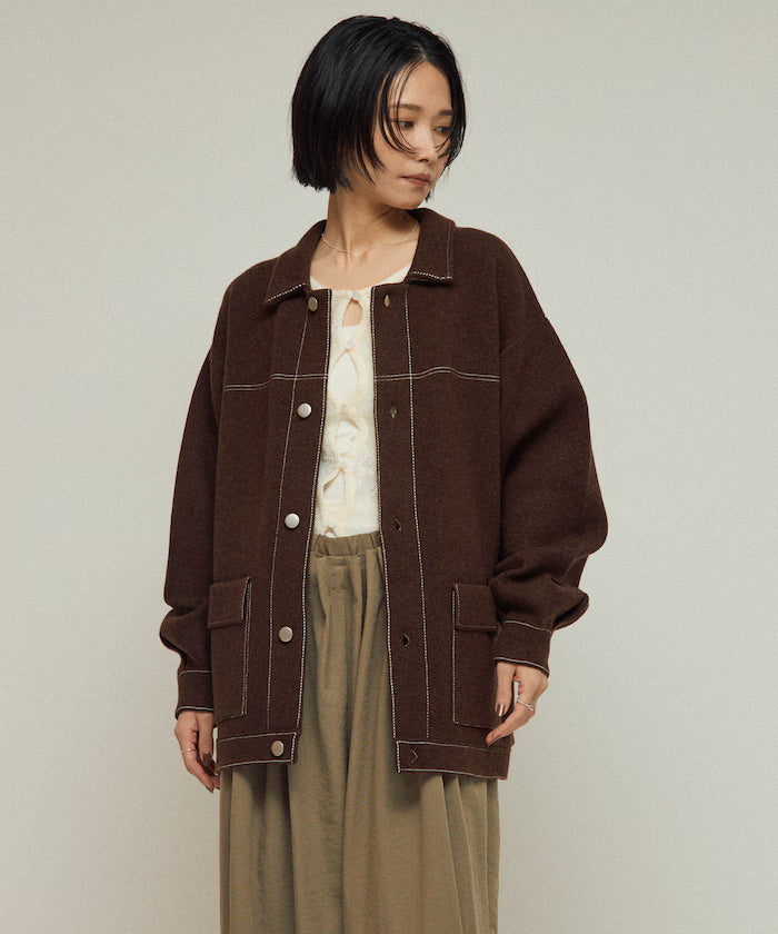 Oversized Wool Blend Knit Coverall / Color Stitch Knit Jacket