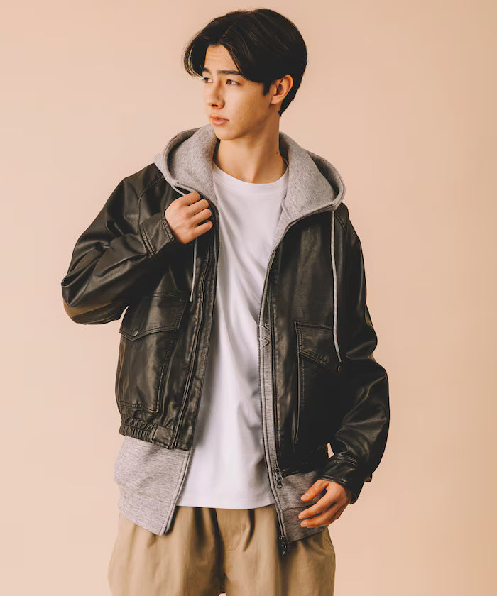 Washed processed leather red stand collar zip-up short blouson