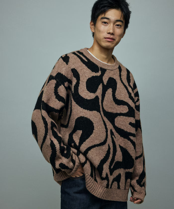 All-over Pattern Double Jacquard Knit Crew Neck Pullover / Relaxed Fit