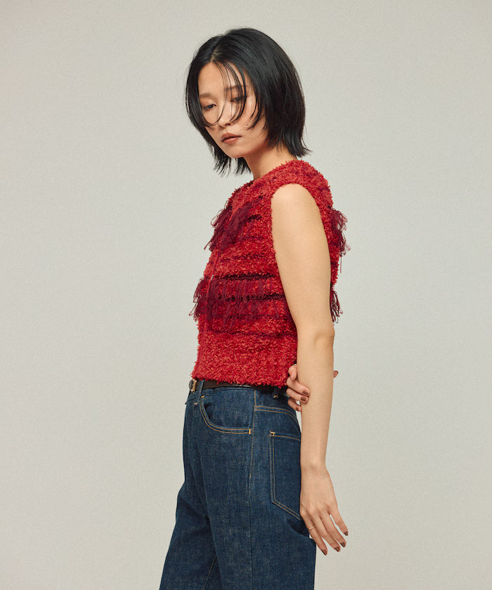 Mixed Material Fringe Knit Vest / Striped Knit Vest 25AW
