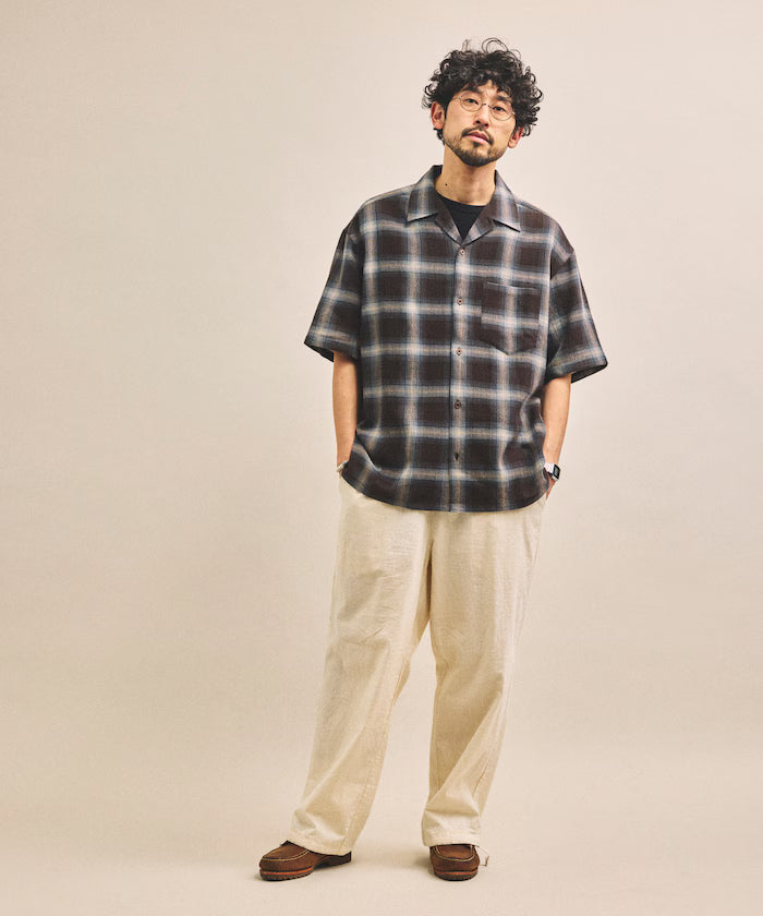 Dyed Ombre Check Open Collar Short Sleeve Sheer Shirt Relaxed Fit