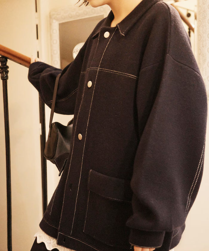 Oversized Wool Blend Knit Coverall / Color Stitch Knit Jacket