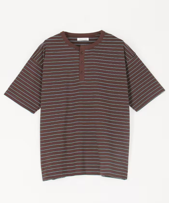 Multi-border Henley Neck Short Sleeve T-shirt