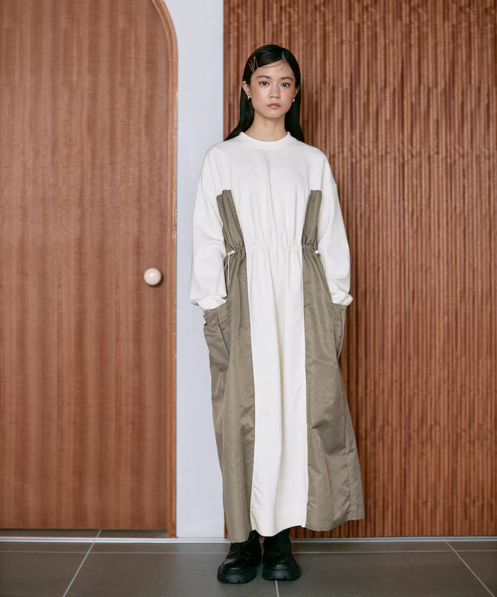 Mixed Material Docking Gathered Dunbar Sweat One-Piece / Spindle