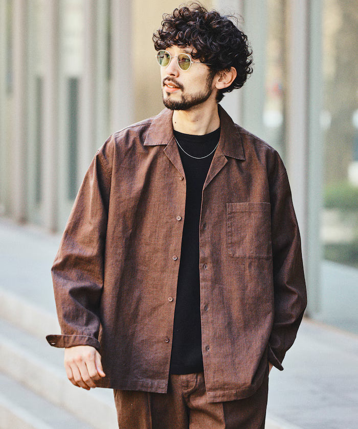 LINEN COTTON OPEN COLLAR SHIRT【Compatible with setups】