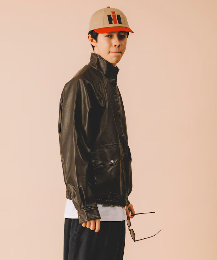 Washed processed leather red stand collar zip-up short blouson